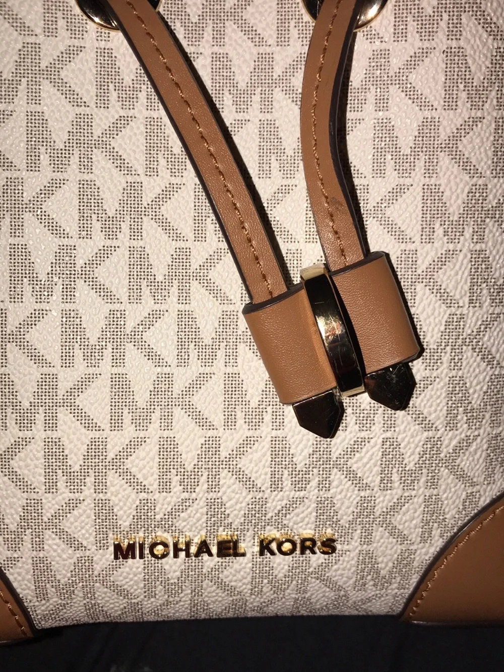 Michael Kors White & Tan Monogram Mini Drawstring Bucket Bag
